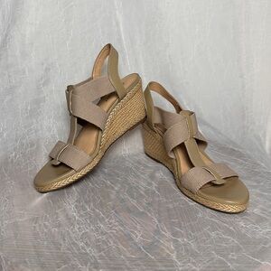 Lucky Brand Cork Wedge‎ Heel Espadrilles Sandals T-strap Stretch Slingback 9.5